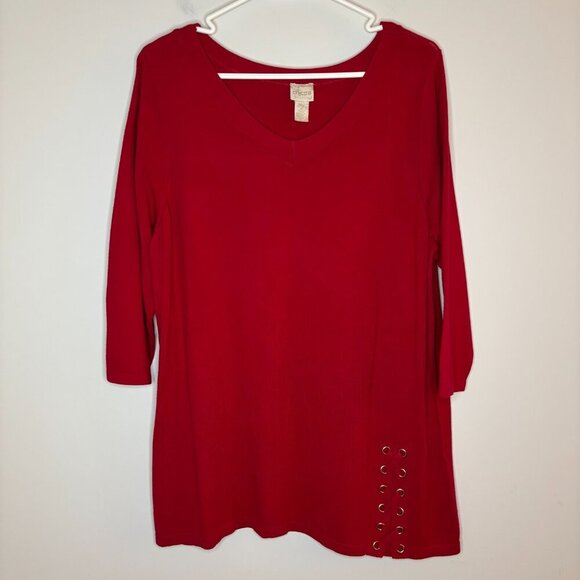 CHICO'S V-Neck Tunic Womens L 3/4 Sleeve Red Lace Up Detail - Picture 5 of 7